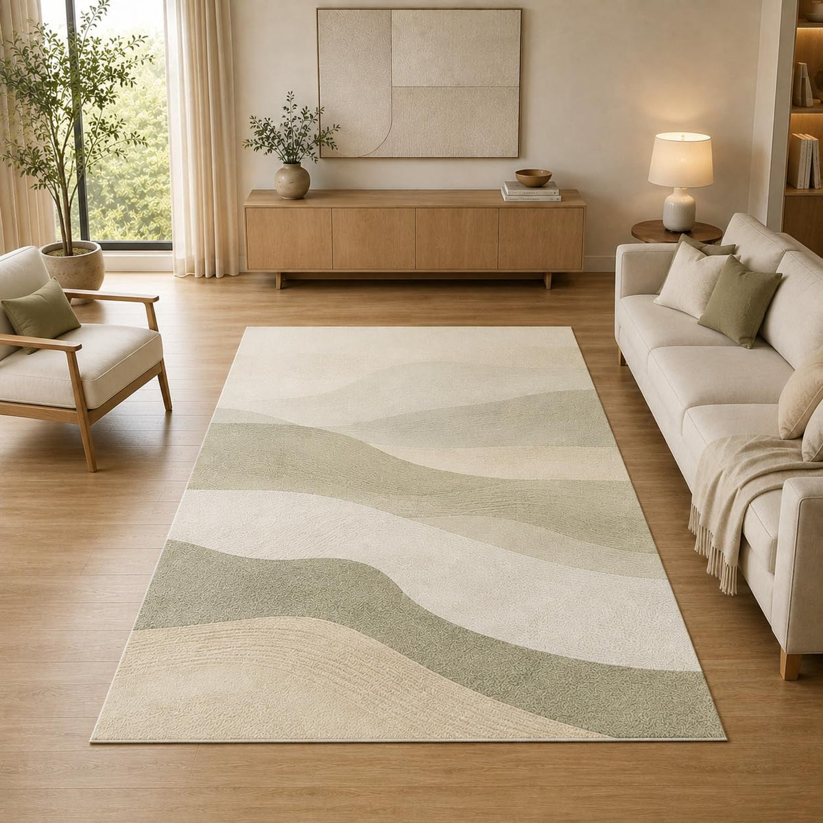 ICE ARMOR 5' x 7' Modern Wavy Stripe Area Rug for Living Room, Soft Low Pile Indoor Rug with Non-Slip Silicone Backing, Decorative Carpet for Bedroom, Office, Family Room, Sage Green
