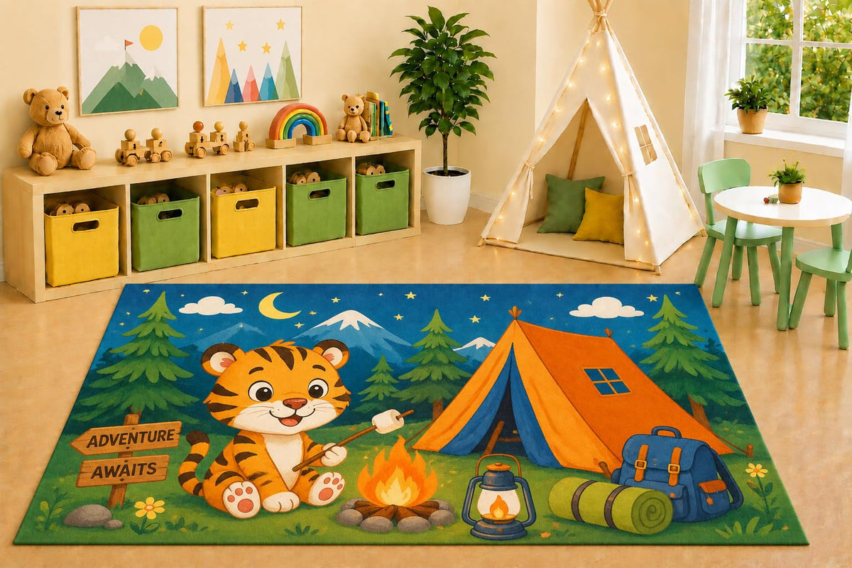 ICE ARMOR 5' x 7' Camping Tiger Adventure Area Rug, Cute Forest Campfire Mountain Woodland Kids Playroom Bedroom Decor, Non-Slip Silicone Backing Low Pile