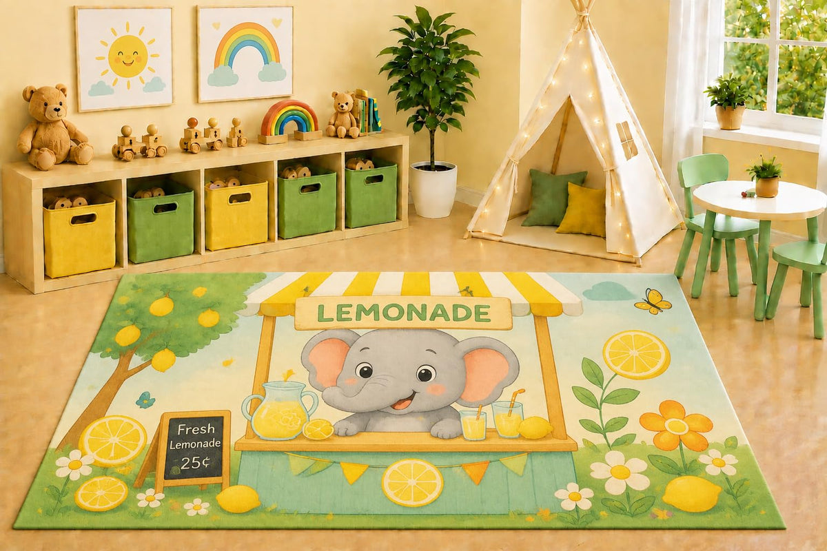 ICE ARMOR 5' x 7' Elephant Lemonade Stand Area Rug, Cute Summer Market Citrus Garden Cartoon Kids Playroom Nursery Bedroom Rug, Non-Slip Silicone Backing Low Pile
