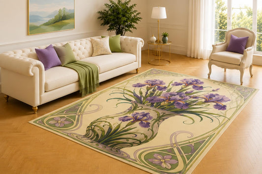 ICE ARMOR 5' x 7' Art Nouveau Iris Rug, Purple Flowers in a Curved Vase with Green Scrollwork, Elegant Vintage Decor for Living Room, Bedroom, Office or Hallway