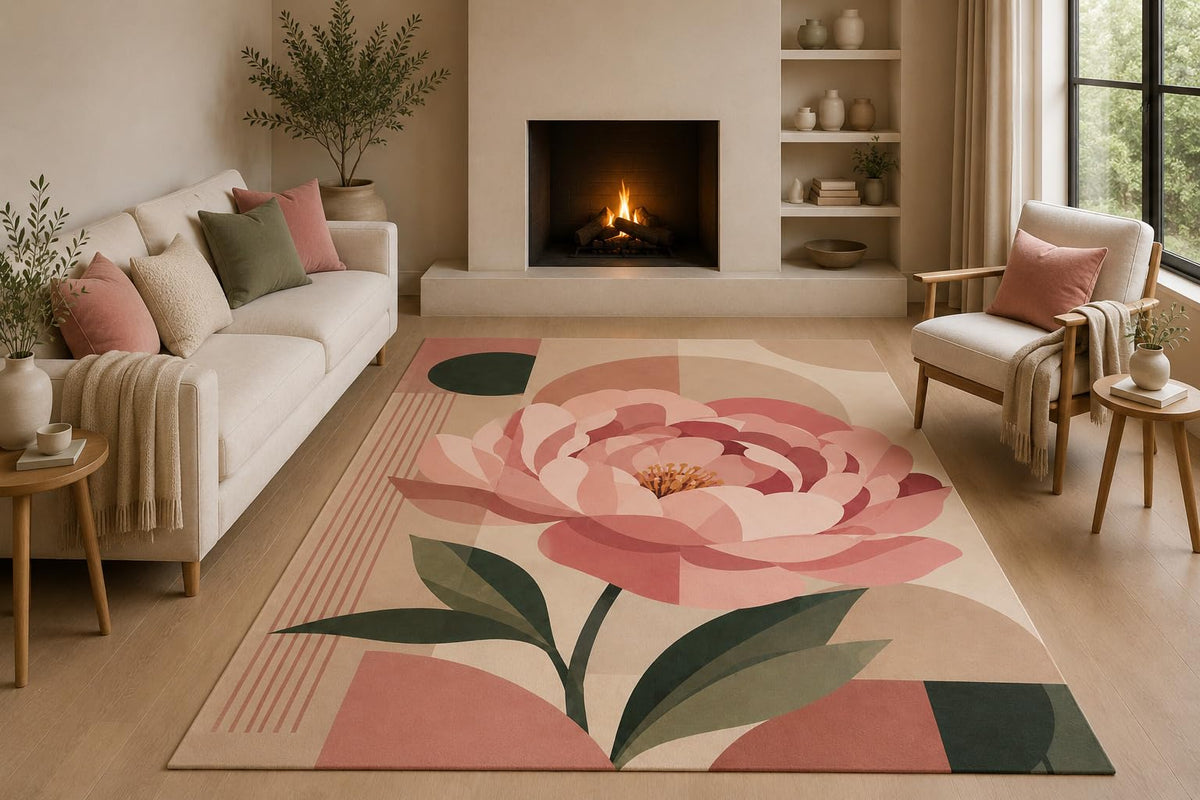 ICE ARMOR 5' x 7' Geometric Pink Peony Floral Area Rug with Non-Slip Silicone Backing Low Pile Soft Carpet for Living Room Bedroom Office Modern Botanical Decor