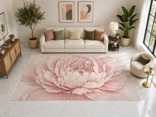 ICE ARMOR "Ultra Light Weight Large 6'7" x 9'10" Blush Peony Bloom Rug, Soft Low Pile Indoor Rug, Non-Slip Silicone Backing for Bedroom Pink