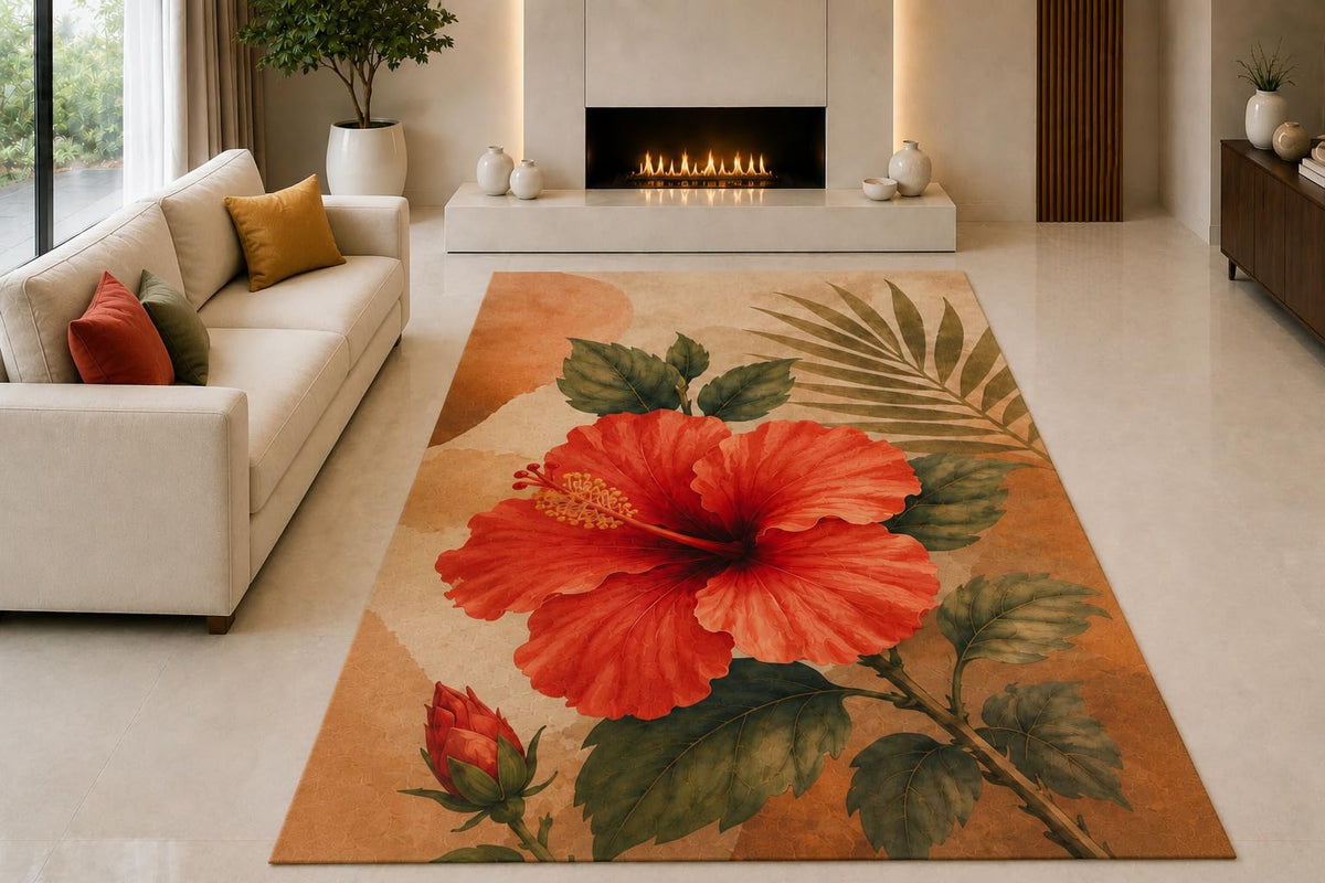 ICE ARMOR "Ultra Light Weight 5' x 7' Hibiscus Botanical Area Rug for Living Room, Bedroom and Home Office, Soft Low Pile Carpet with Non-Slip Silicone Backing, Red and Green
