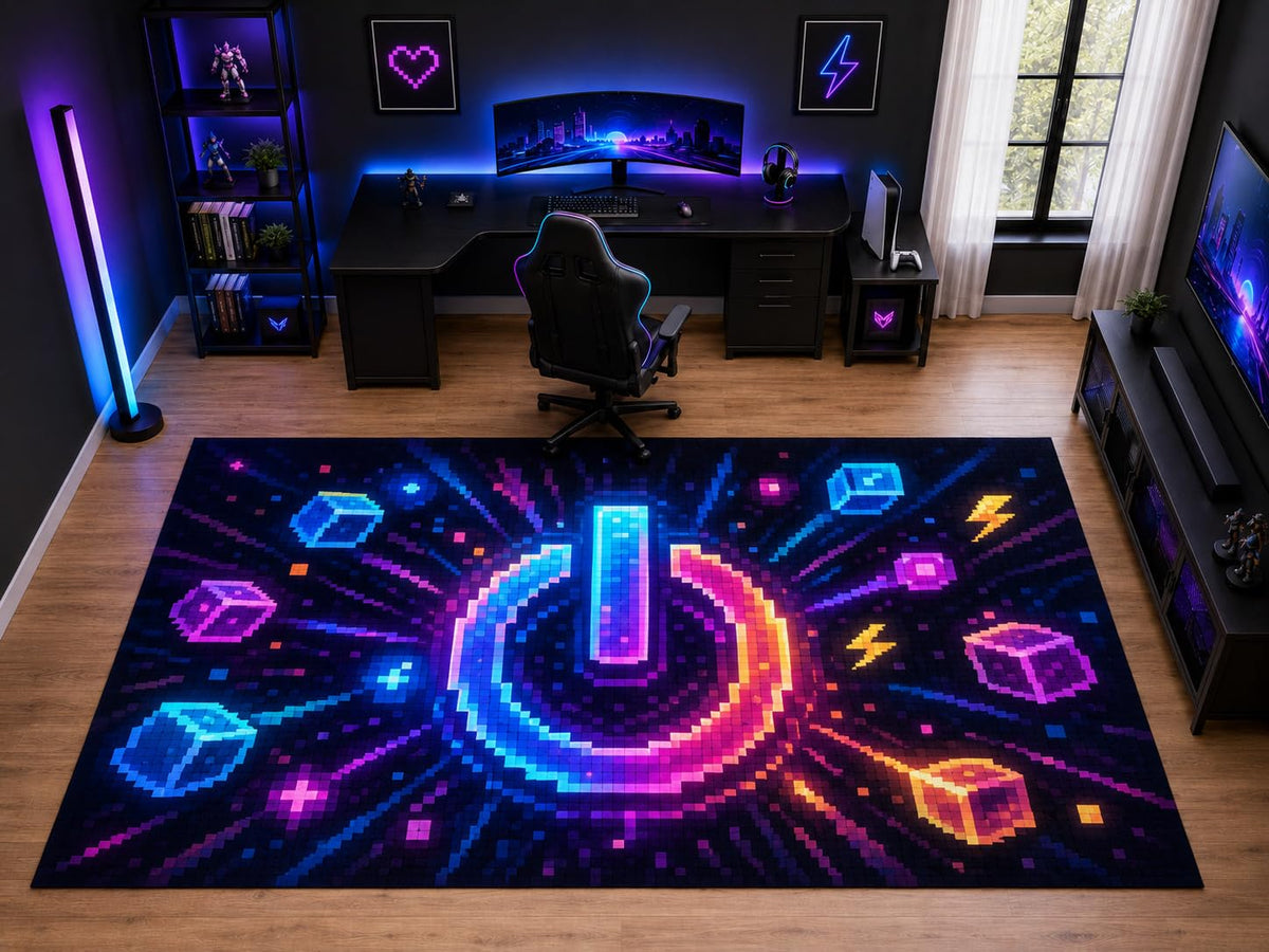 ICE ARMOR "Ultra Light Weight Large 6'7" x 9'10" Neon Power Button Gaming Area Rug for Kids Room Bedroom, Soft Low Pile Indoor Rug and Non-Slip Silicone Backing, Black