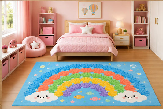 ICE ARMOR 5' x 7' Rainbow Seashell Pattern Area Rug for Kids Bedroom Nursery Playroom Scandinavian Minimalist Ocean Coastal Beach Decor Non-Slip Silicone Backing Low Pile