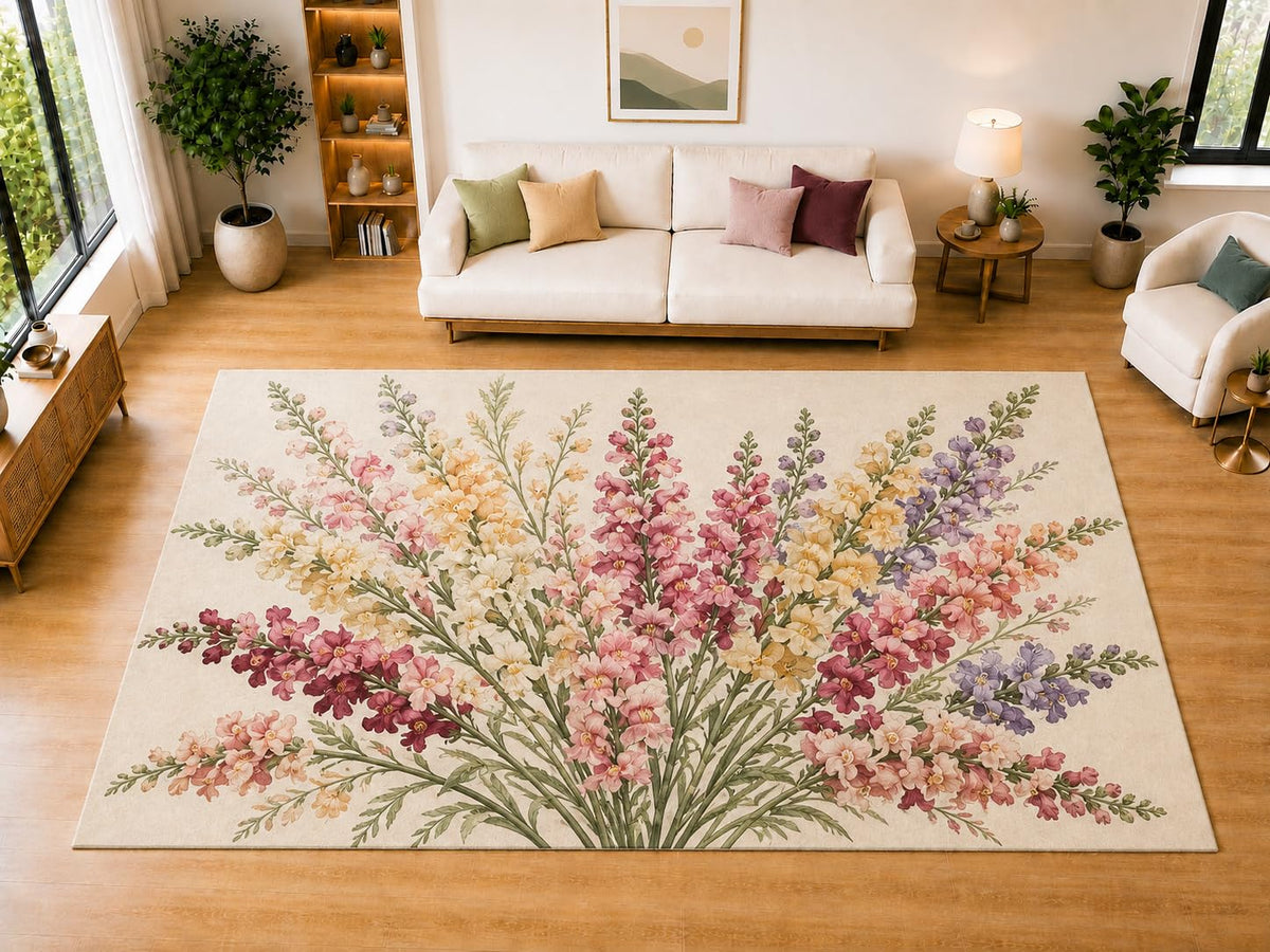 ICE ARMOR "Ultra Light Weight Large 6'7" x 9'10" Petunia Garden Area Rug for Living Room Bedroom Dining Room, Soft Low Pile Non-Slip Backing, Pink Blue Purple Coral Cream Floral Decor