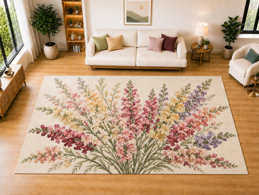 ICE ARMOR "Ultra Light Weight Large 6'7" x 9'10" Petunia Garden Area Rug for Living Room Bedroom Dining Room, Soft Low Pile Non-Slip Backing, Pink Blue Purple Coral Cream Floral Decor