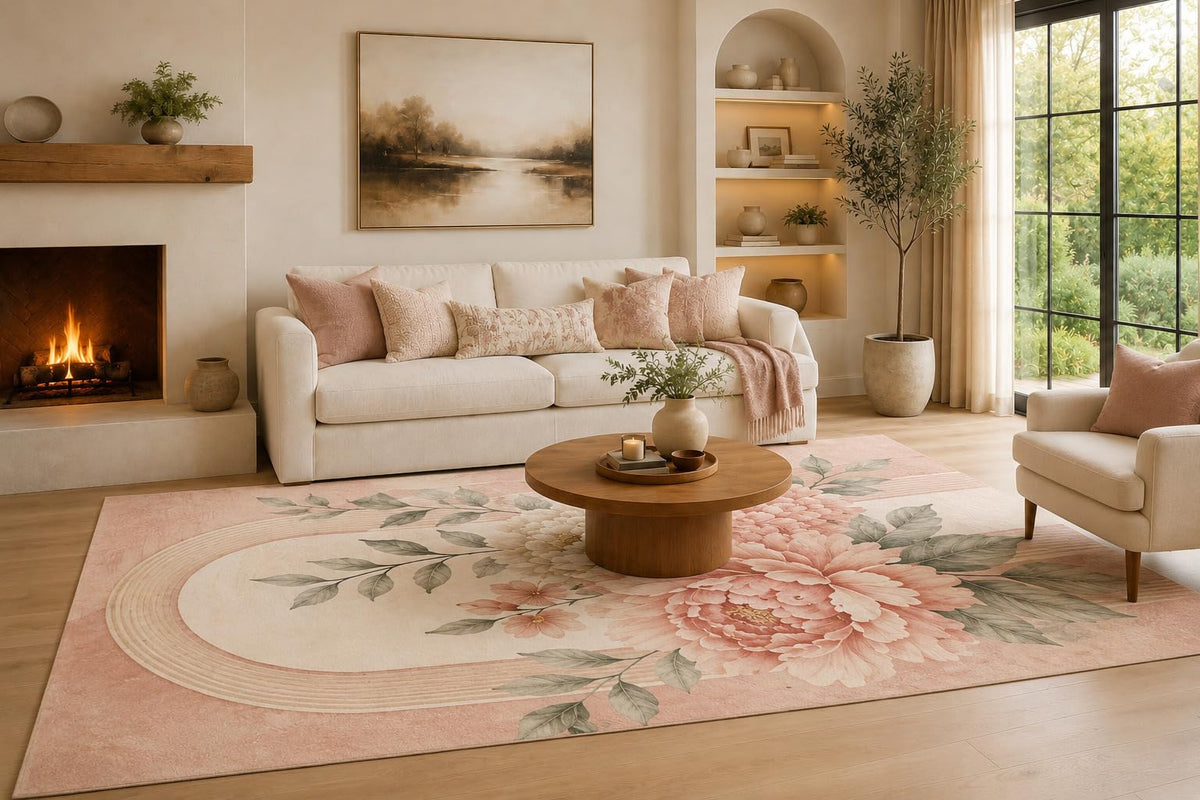 ICE ARMOR Large 6'7" x 9'10" Blush Pink and Ivory Peony Crescent Floral Area Rug for Living Room, Soft Low Pile Carpet with Non-Slip Silicone Backing, Decor for Bedroom, Dining Area and Home Office