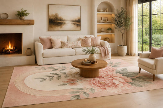 ICE ARMOR Large 6'7" x 9'10" Blush Pink and Ivory Peony Crescent Floral Area Rug for Living Room, Soft Low Pile Carpet with Non-Slip Silicone Backing, Decor for Bedroom, Dining Area and Home Office