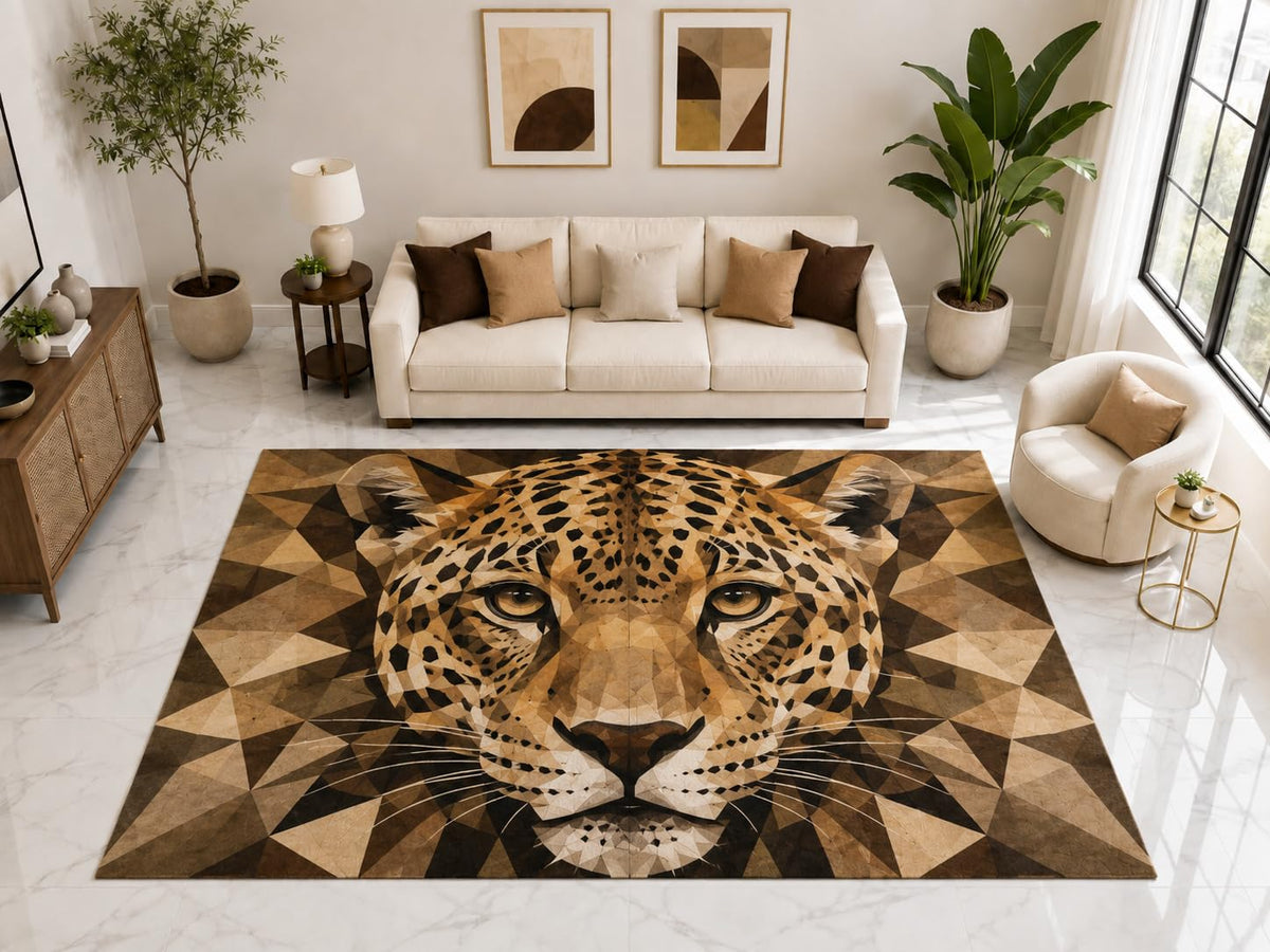 ICE ARMOR "Ultra Light Weight Large 6'7" x 9'10" Geometric Leopard Rug, Soft Low Pile Indoor Rug, Non-Slip Silicone Backing for Family Room Brown Tan