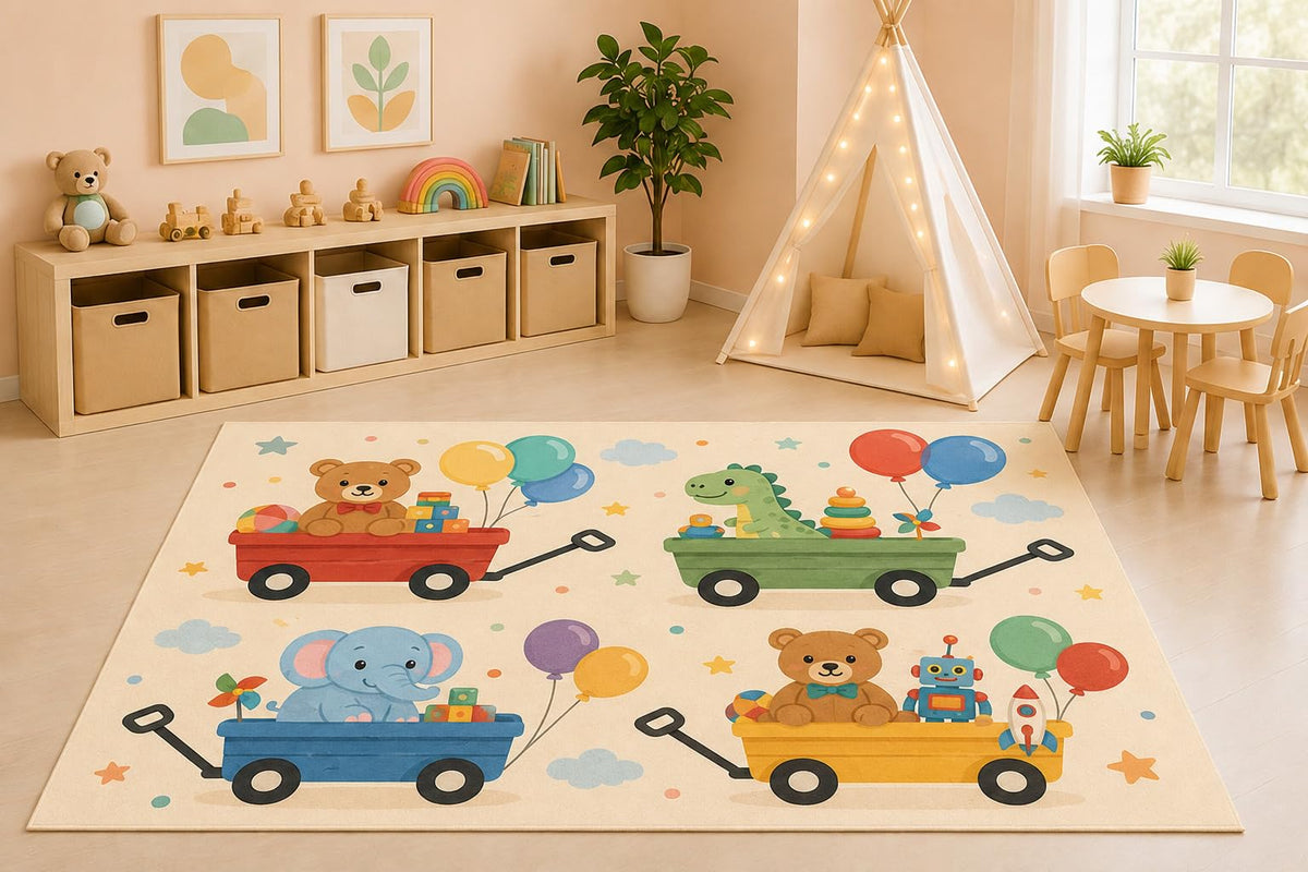 ICE ARMOR 5' x 7' Toy Wagon Adventure Area Rug for Kids Playroom Nursery Bedroom, Teddy Bear Dinosaur Elephant Balloons Cartoon Carpet, Non-Slip Silicone Backing Low Pile
