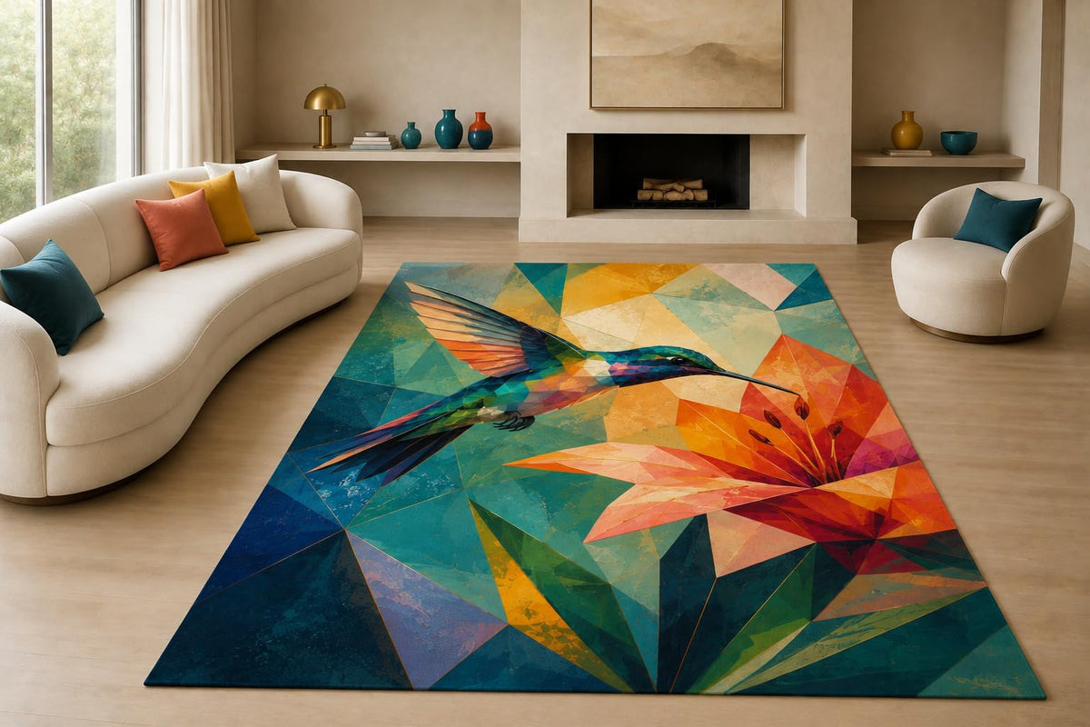 ICE ARMOR "Ultra Lightweight Large 6'7" x 9'10" Hummingbird Flower Area Rug for Living Room, Bedroom and Home Office, Soft Low Pile Carpet with Non-Slip Silicone Backing, Teal and Orange