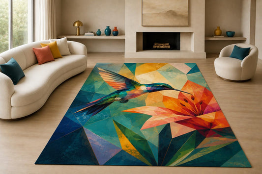 ICE ARMOR "Ultra Lightweight Large 6'7" x 9'10" Hummingbird Flower Area Rug for Living Room, Bedroom and Home Office, Soft Low Pile Carpet with Non-Slip Silicone Backing, Teal and Orange