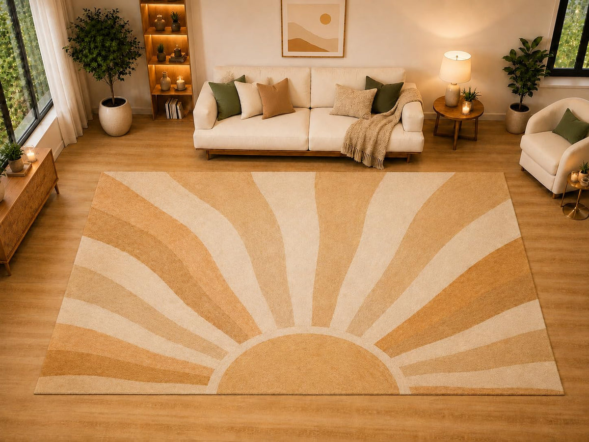 ICE ARMOR "Ultra Light Weight Large 6'7" x 9'10" Radiant Sunrise Fan Area Rug for Living Room, Bedroom, Dining Room, Soft Low Pile Non-Slip Backing, Apricot Cream