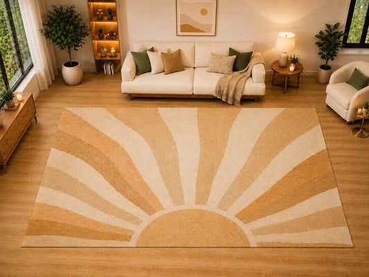 ICE ARMOR "Ultra Light Weight Large 6'7" x 9'10" Radiant Sunrise Fan Area Rug for Living Room, Bedroom, Dining Room, Soft Low Pile Non-Slip Backing, Apricot Cream