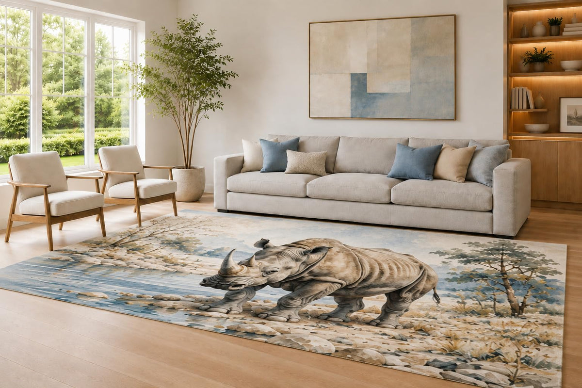 ICE ARMOR Large 6'7" x 9'10" Blue and Beige River Rhino Area Rug for Living Room, Soft Low Pile Carpet with Non-Slip Silicone Backing, Decor for Bedroom Dining Room and Home Office