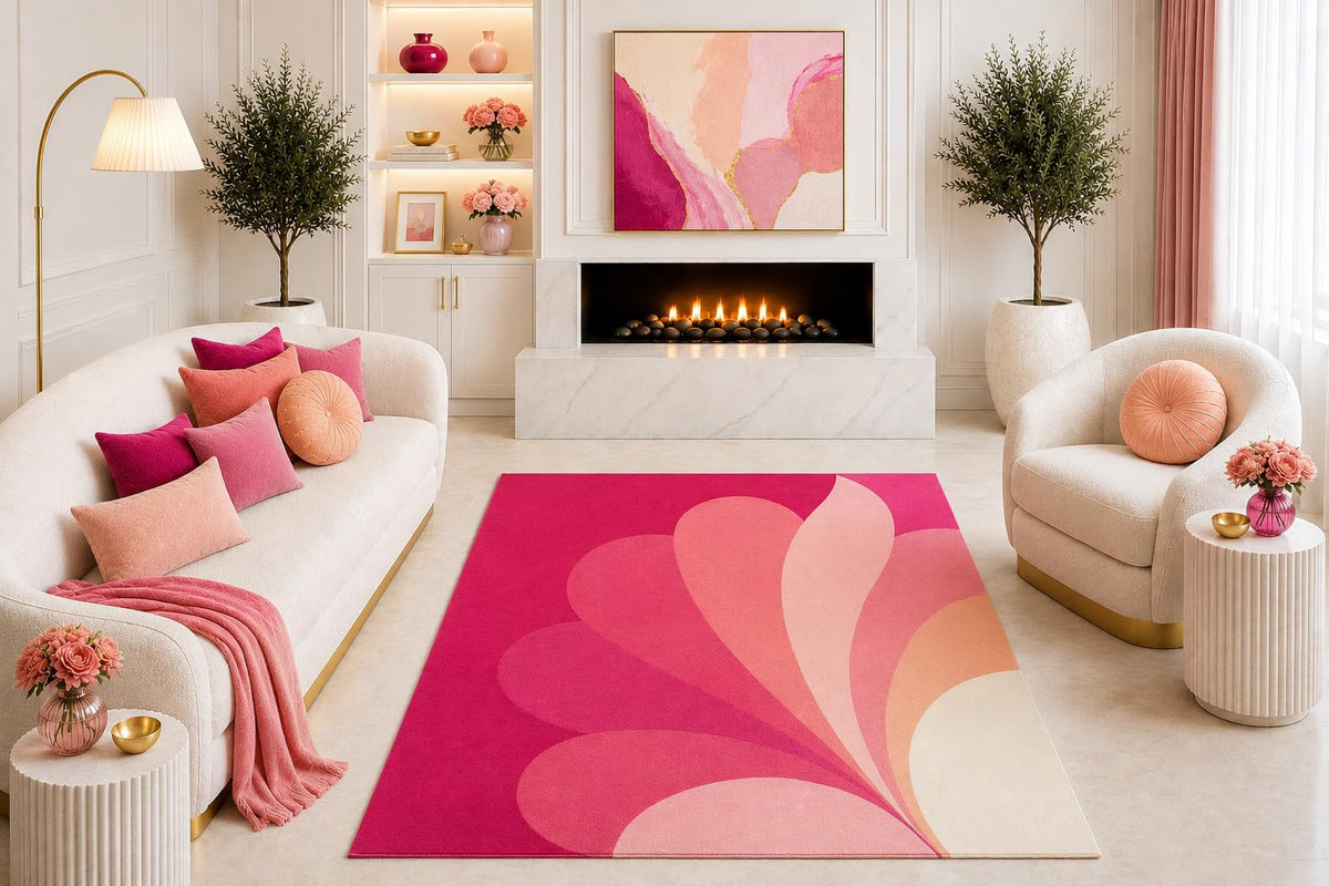 ICE ARMOR "Ultra Light Weight 5' x 7' Pink Abstract Petal Area Rug, Retro Modern Floral Fan Design for Living Room Bedroom Dining Room, Non-Slip Silicone Backing Low Pile