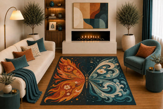 ICE ARMOR "Ultra Light Weight 5' x 7' Butterfly Area Rug Floral Fire and Water Art in Teal Orange for Living Room Bedroom Dining Room Office Decor Non-Slip Silicone Backing Low Pile