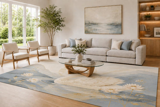 ICE ARMOR Large 6'7" x 9'10" Blue and Cream Swan Lotus Area Rug for Living Room, Soft Low Pile Carpet with Non-Slip Silicone Backing, Elegant Water Decor for Bedroom Home Office