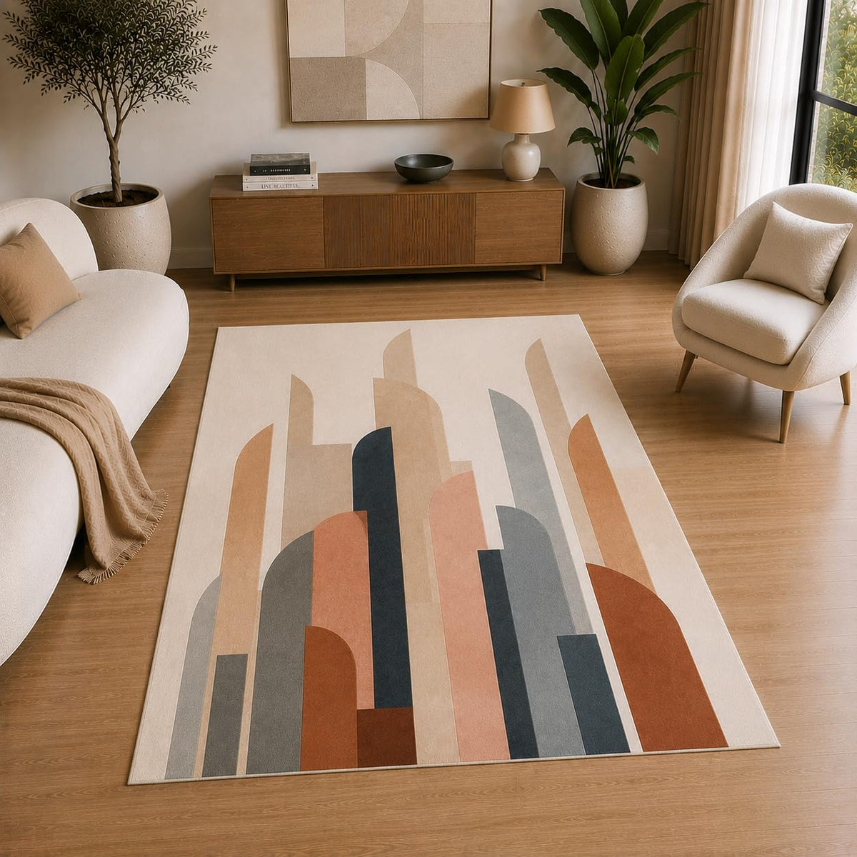 ICE ARMOR 5' x 7' Modern Abstract Skyline Area Rug for Living Room, Soft Low Pile Indoor Rug with Non-Slip Silicone Backing, Decorative Carpet for Bedroom, Office, Family Room, Beige