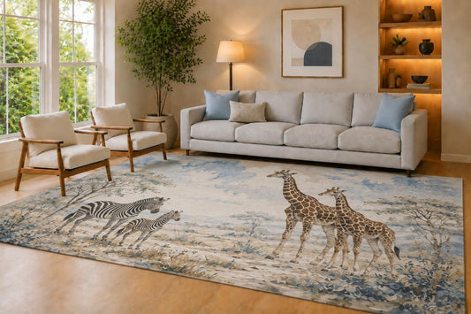 ICE ARMOR Large 6'7" x 9'10" Blue and Beige Safari Family Area Rug for Living Room, Soft Low Pile Carpet with Non-Slip Silicone Backing, Decor for Bedroom Dining Room and Home Office