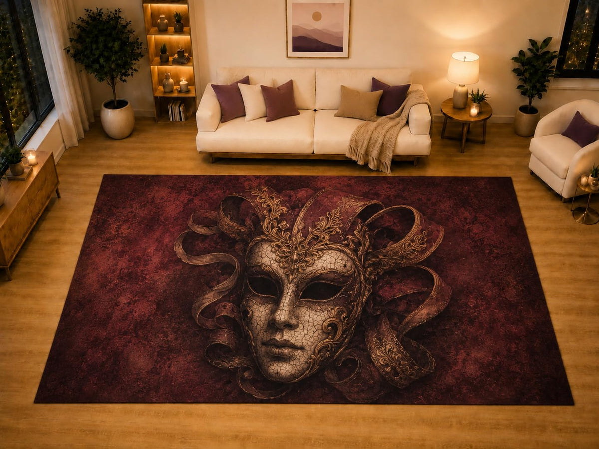 ICE ARMOR "Ultra Light Weight Large 6'7" x 9'10" Venetian Masquerade Mask Gothic Area Rug for Living Room Bedroom, Soft Low Pile Non-Slip Backing, Red Victorian Carnival Decor
