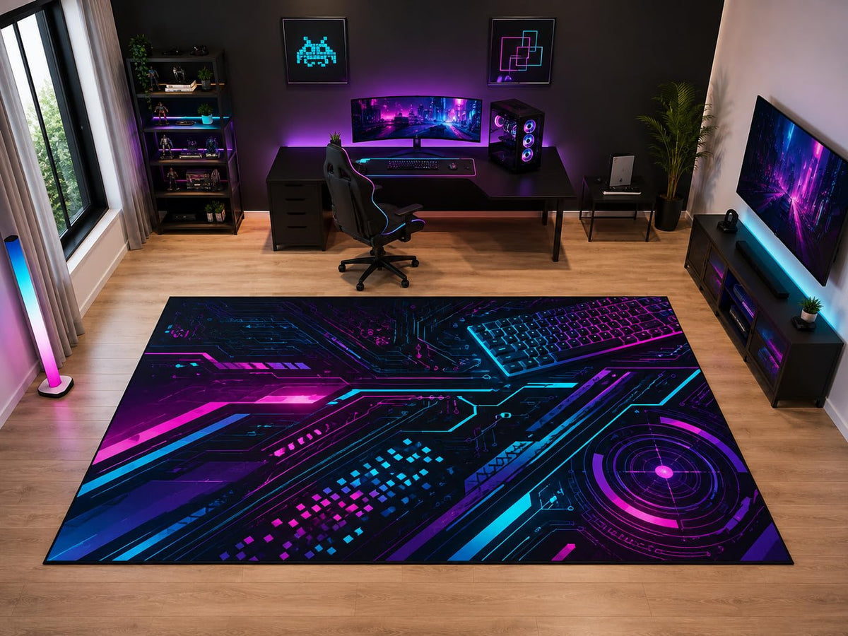 ICE ARMOR "Ultra Light Weight Large 6'7" x 9'10" Cyber Circuit Gaming Area Rug for Bedroom Office, Soft Low Pile Indoor Rug and Non-Slip Silicone Backing, Black