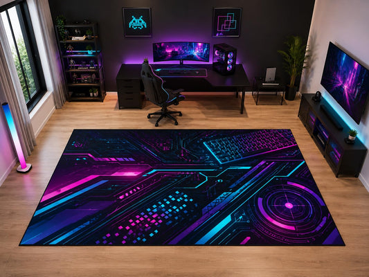 ICE ARMOR "Ultra Light Weight Large 6'7" x 9'10" Cyber Circuit Gaming Area Rug for Bedroom Office, Soft Low Pile Indoor Rug and Non-Slip Silicone Backing, Black