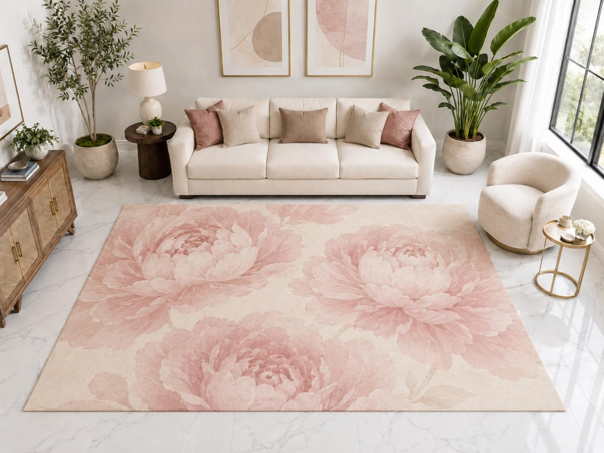 ICE ARMOR "Ultra Light Weight Large 6'7" x 9'10" Blush Peony Floral Rug, Soft Low Pile Indoor Rug, Non-Slip Silicone Backing for Bedroom Pink Cream