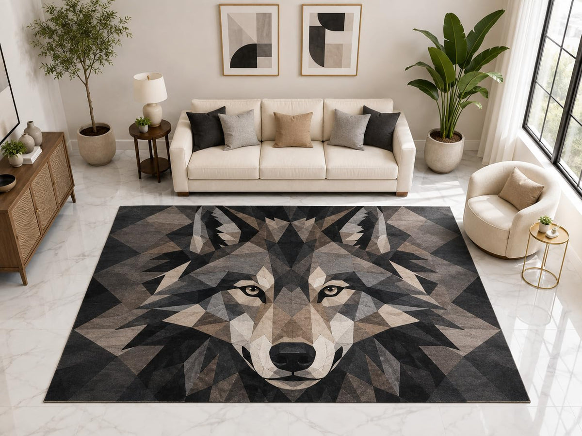 ICE ARMOR "Ultra Light Weight Large 6'7" x 9'10" Geometric Wolf Rug, Soft Low Pile Indoor Rug, Non-Slip Silicone Backing for Bedroom Kids Gray Black