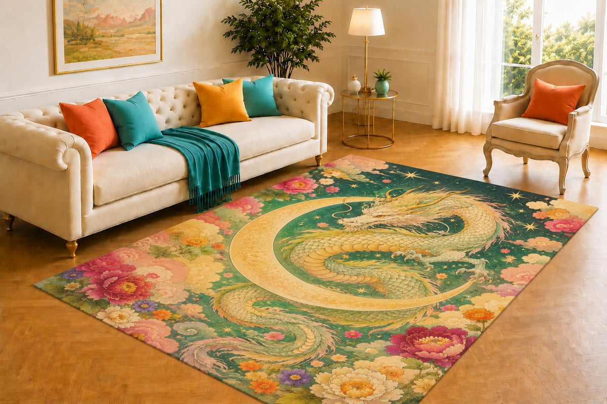 ICE ARMOR 5' x 7' Moon Dragon Rug, Celestial Serpent Curled Around a Crescent Moon Above Clouds, Soft Floor Cover for Living Room, Bedroom, Game Room and Fantasy Decor