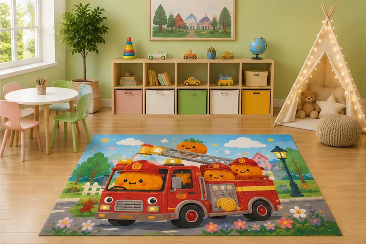 ICE ARMOR 5' x 7' Pumpkin Fire Truck Kids Area Rug, Cute Halloween Firefighter Pumpkins Rescue Vehicle Cartoon Playroom Nursery Bedroom Decor, Non-Slip Silicone Backing Low Pile