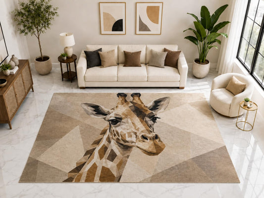 ICE ARMOR "Ultra Light Weight Large 6'7" x 9'10" Geometric Giraffe Rug, Soft Low Pile Indoor Rug, Non-Slip Silicone Backing for Kids Room Beige Brown