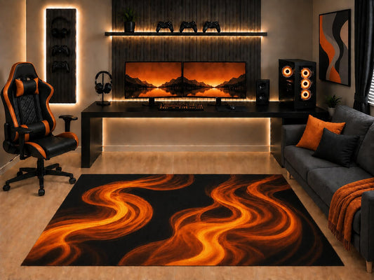 ICE ARMOR "Ultra Light Weight 5' x 7' Orange Black Flame Swirl Area Rug Modern Abstract Fire Flow Art for Gaming Room Bedroom Living Room Non-Slip Silicone Backing Low Pile