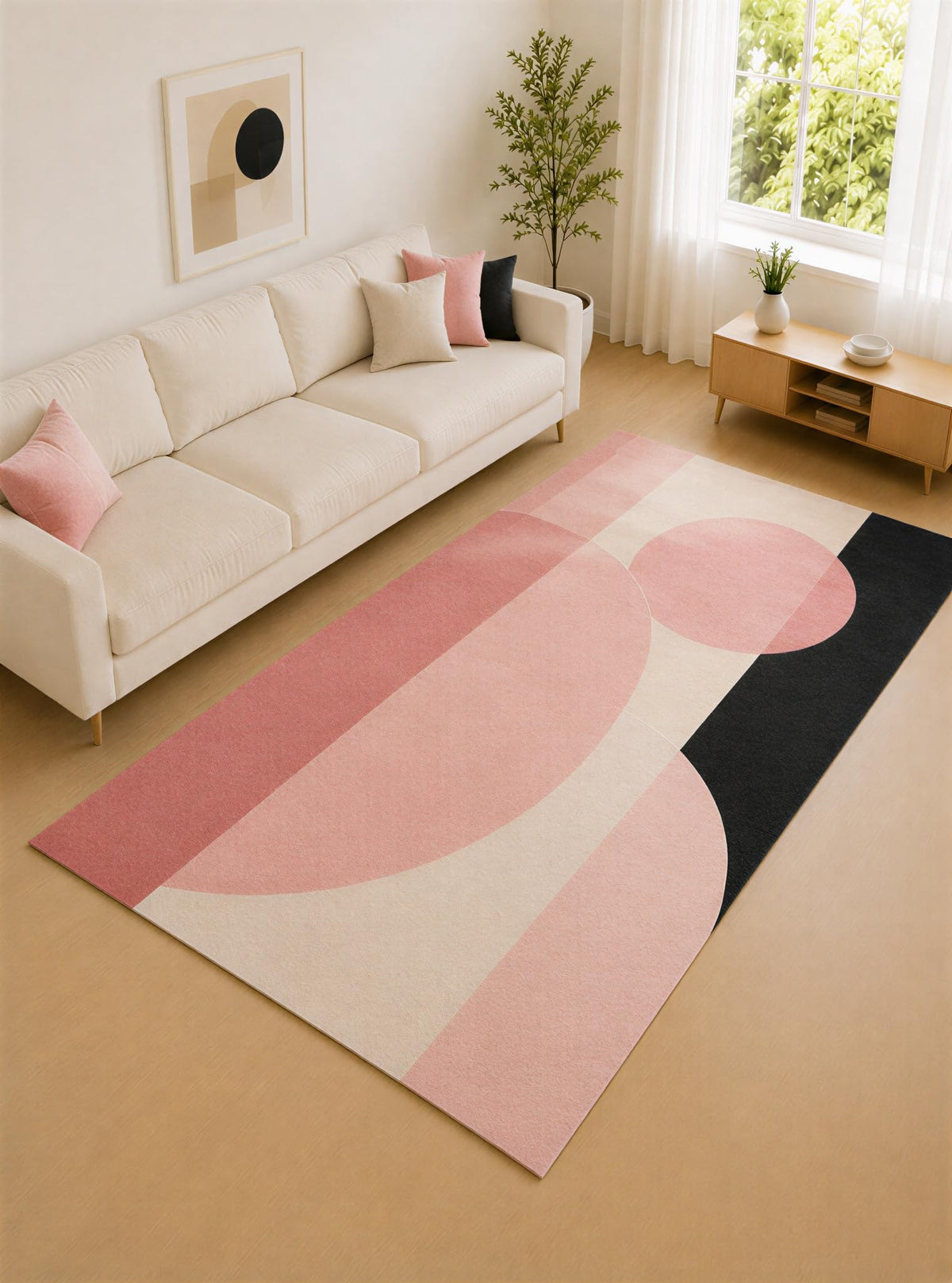 ICE ARMOR "Ultra Lightweight Large 6'7" x 9'10" Rose and Cream Curved Blocks Area Rug for Living Room, Bedroom and Home Office, Soft Low Pile Carpet with Non-Slip Silicone Backing