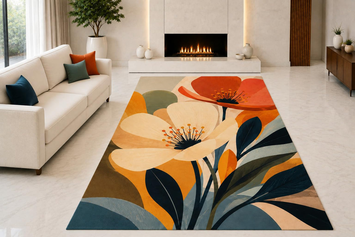 ICE ARMOR "Ultra Light Weight 5' x 7' Retro Floral Blooms Area Rug for Living Room, Bedroom and Home Office, Soft Low Pile Carpet with Non-Slip Silicone Backing, Orange and Teal