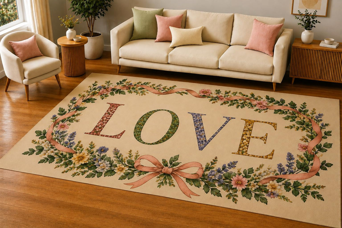ICE ARMOR 5' x 7' Floral Ribbon Love Area Rug, Soft Low Pile Indoor Rug with Non-Slip Silicone Backing, Decorative Carpet for Living Room, Bedroom, Dining Room, Family Room, Beige Pastel