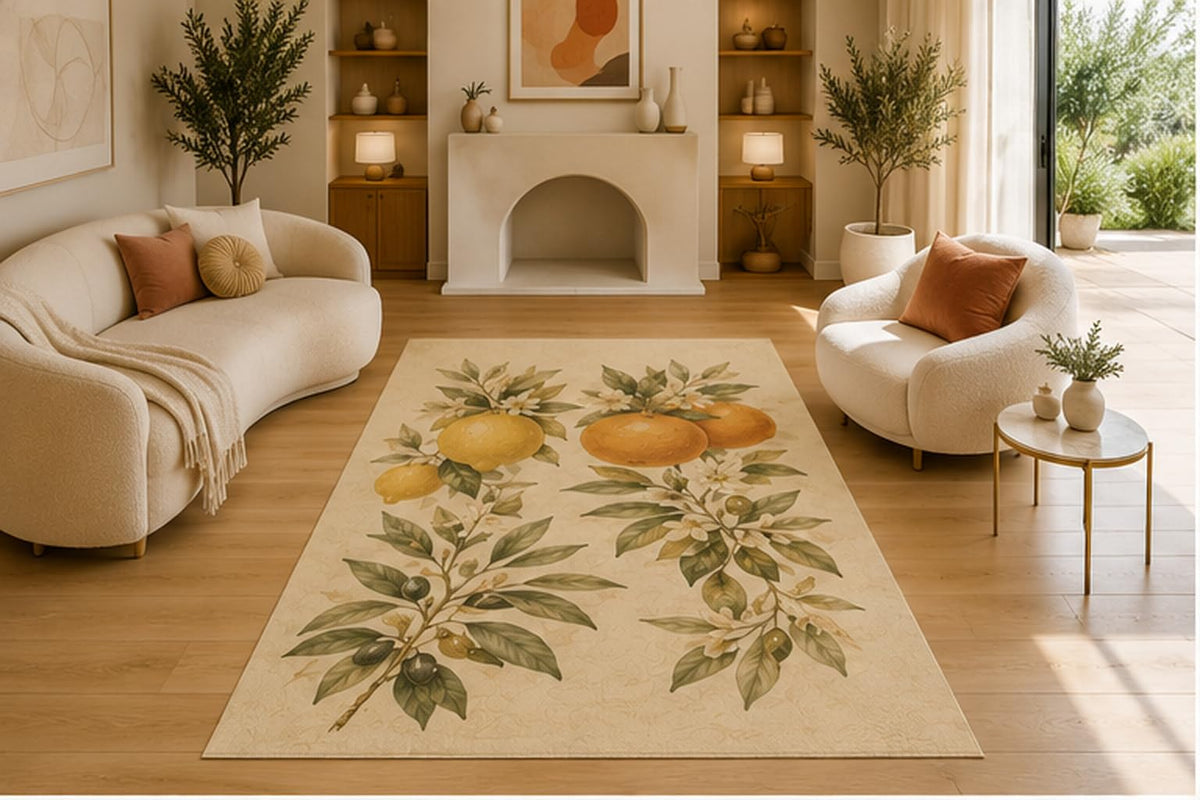 ICE ARMOR 5' x 7' Mediterranean Citrus Branches Area Rug, Soft Low Pile Non-Slip Indoor Carpet for Living Room, Kitchen, Dining Room, Bedroom and Italian Farmhouse Botanical Home Decor, Yellow