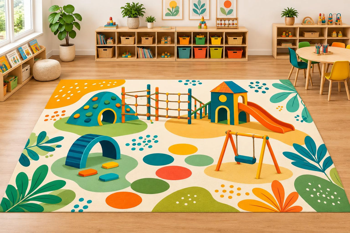 ICE ARMOR Large 6'7" x 9'10" Playground Activity Area Rug, Soft Low Pile Indoor Rug with Non-Slip Silicone Backing for Kids Room Playroom, Beige