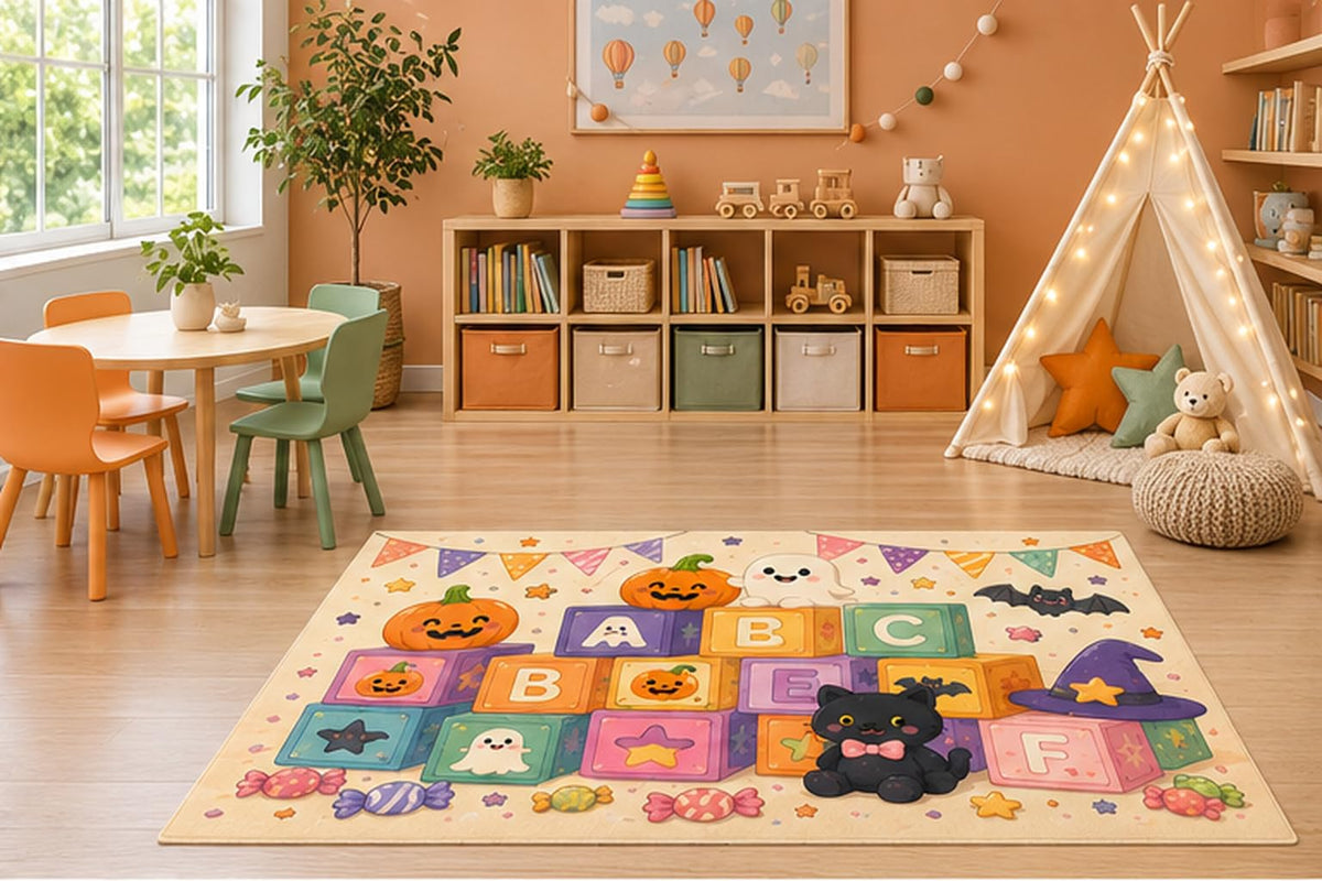 ICE ARMOR 5' x 7' Halloween ABC Blocks Kids Area Rug, Cute Ghost Pumpkin Black Cat Learning Cartoon Playroom Nursery Bedroom Decor, Non-Slip Silicone Backing Low Pile