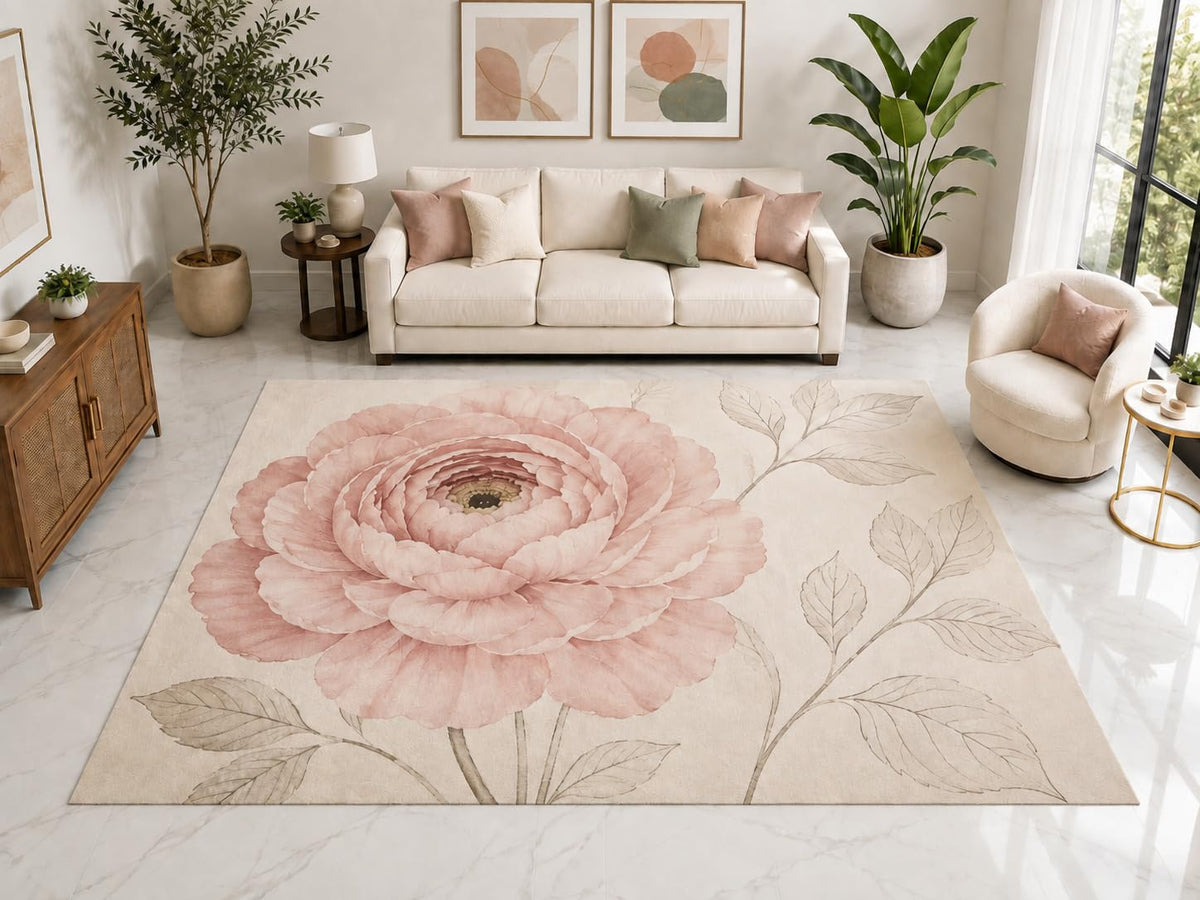 ICE ARMOR "Ultra Light Weight Large 6'7" x 9'10" Blush Peony Floral Rug, Soft Low Pile Indoor Rug, Non-Slip Silicone Backing for Bedroom Pink Cream