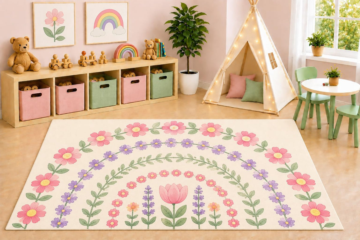 ICE ARMOR 5' x 7' Boho Floral Arch Area Rug, Minimal Botanical Rainbow Flower Garden Kids Playroom Nursery Bedroom Rug, Non-Slip Silicone Backing Low Pile
