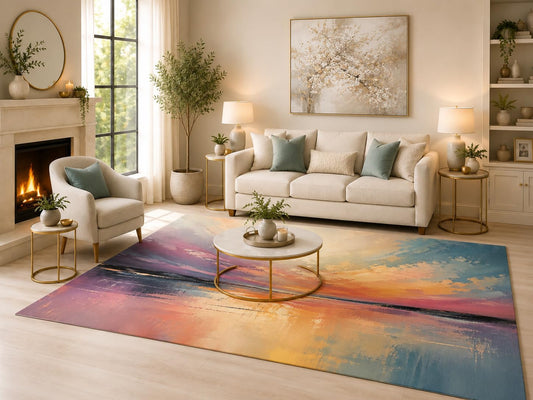 ICE ARMOR 6'7" x 9'10" Sunset Horizon Area Rug for Living Room, Soft Low Pile Indoor Rug with Non-Slip Silicone Backing, Large Decorative Carpet for Bedroom, Dining Room and Office, Multicolored