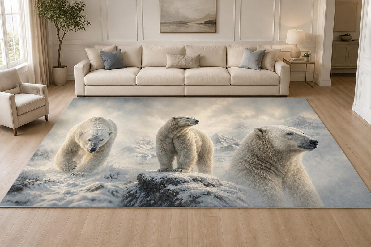 ICE ARMOR "Ultra Lightweight Large 6'7" x 9'10" Snowy Polar Bears Area Rug for Living Room, Bedroom and Home Office, Soft Low Pile Carpet with Non-Slip Silicone Backing, White and Blue