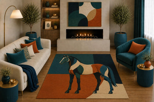 ICE ARMOR "Ultra Light Weight 5' x 7' Abstract Horse Area Rug Geometric Equestrian Art in Teal Rust for Living Room Bedroom Office Decor Non-Slip Silicone Backing Low Pile