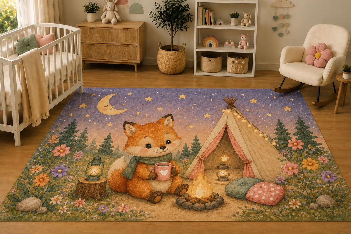 ICE ARMOR 5' x 7' Baby Fox Camping Under Stars Area Rug for Nursery, Soft Low Pile Indoor Rug with Non-Slip Silicone Backing, Kids Room, Playroom, Kids & Pets, Lavender Beige