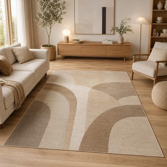 ICE ARMOR 5' x 7' Modern Geometric Arch Area Rug, Soft Low Pile Indoor Rug with Non-Slip Silicone Backing, Minimalist Carpet for Living Room, Bedroom, Office, Family Room, Beige Brown