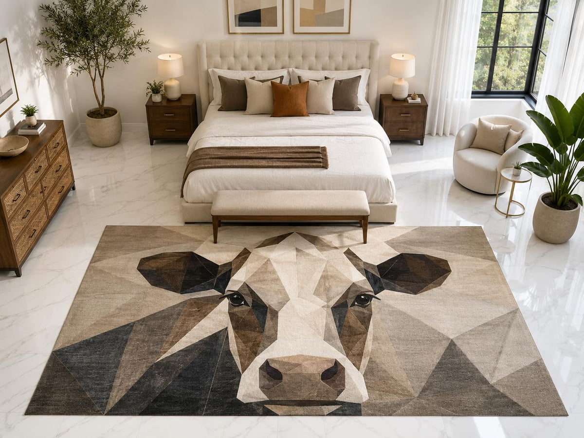ICE ARMOR "Ultra Light Weight Large 6'7" x 9'10" Geometric Cow Rug, Soft Low Pile Indoor Rug, Non-Slip Silicone Backing for Bedroom Beige Brown