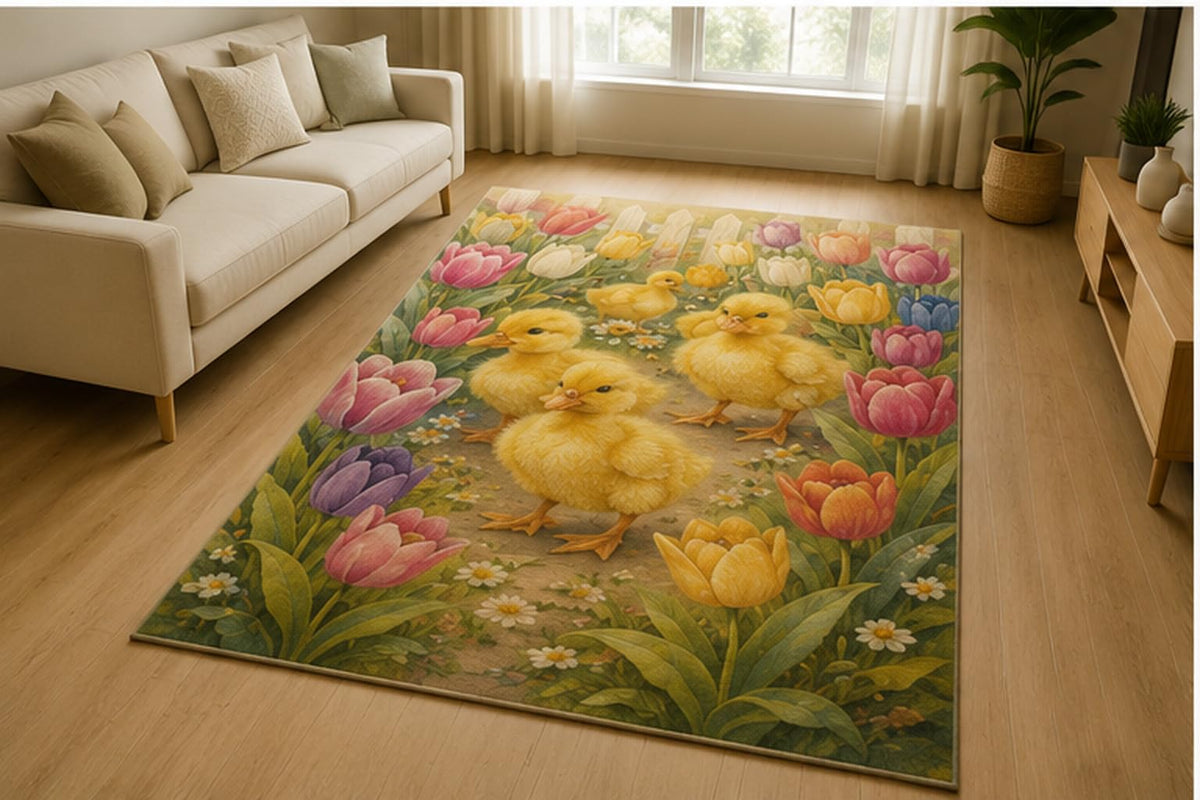 ICE ARMOR 5' x 7' Baby Ducklings Tulip Garden Area Rug for Living Room, Soft Low Pile Indoor Rug with Non-Slip Silicone Backing, Cute Spring Decor for Nursery, Playroom, Kids & Pets, Yellow
