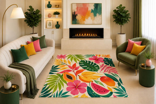 ICE ARMOR "Ultra Light Weight 5' x 7' Tropical Fruit Floral Area Rug Hibiscus Banana Watermelon Botanical Art for Living Room Kitchen Dining Room Non-Slip Silicone Backing Low Pile